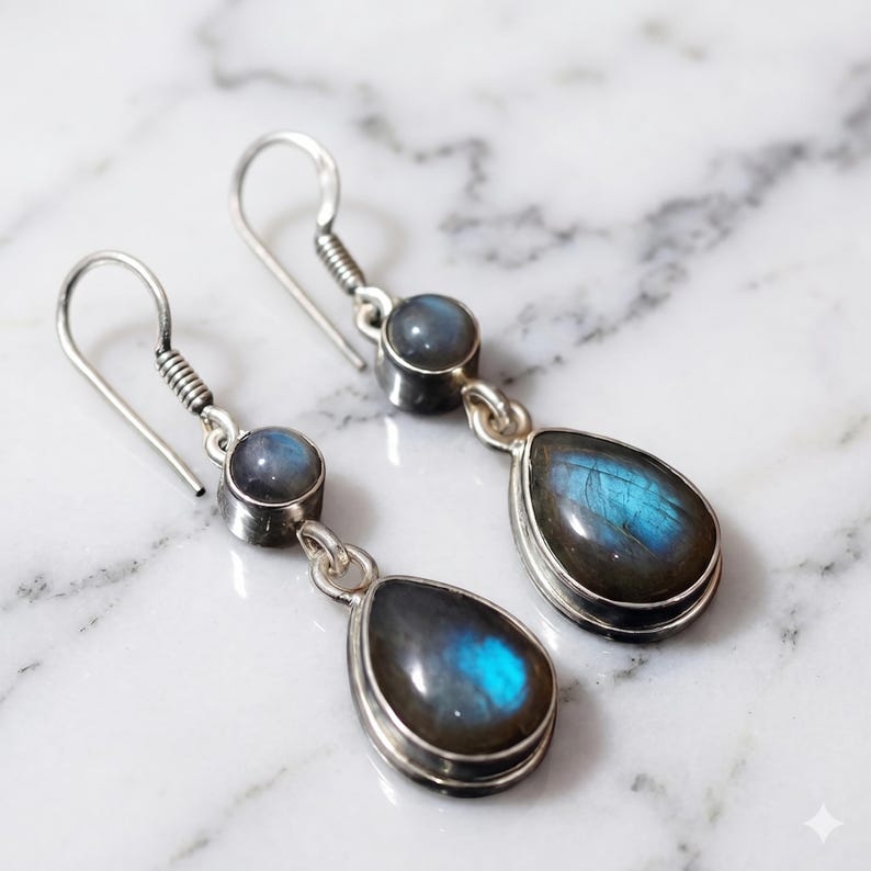 Handmade 925 Sterling Silver Labradorite Drop Earrings – Blue Flash Gemstone Dangle Jewelry