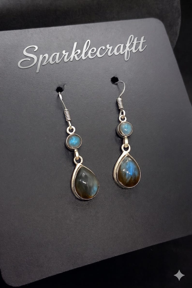Handmade 925 Sterling Silver Labradorite Drop Earrings – Blue Flash Gemstone Dangle Jewelry