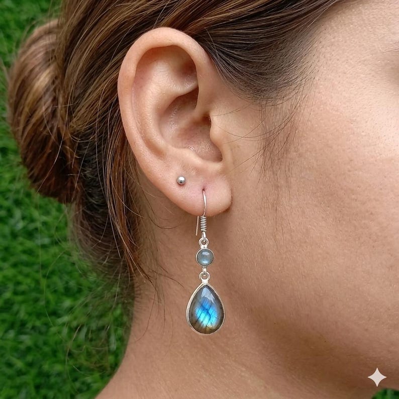 Handmade 925 Sterling Silver Labradorite Drop Earrings – Blue Flash Gemstone Dangle Jewelry