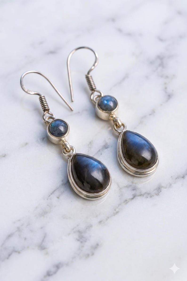 Handmade 925 Sterling Silver Labradorite Drop Earrings – Blue Flash Gemstone Dangle Jewelry