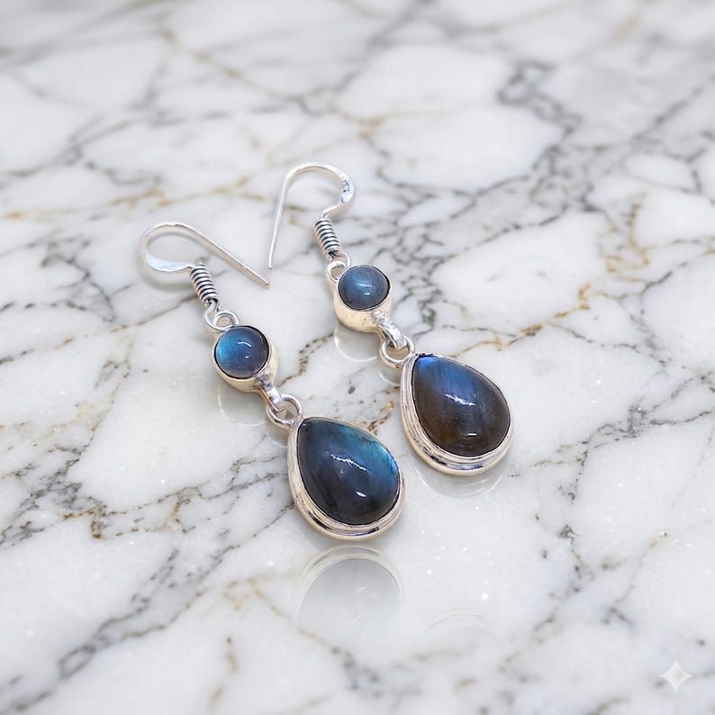 Handmade 925 Sterling Silver Labradorite Drop Earrings – Blue Flash Gemstone Dangle Jewelry