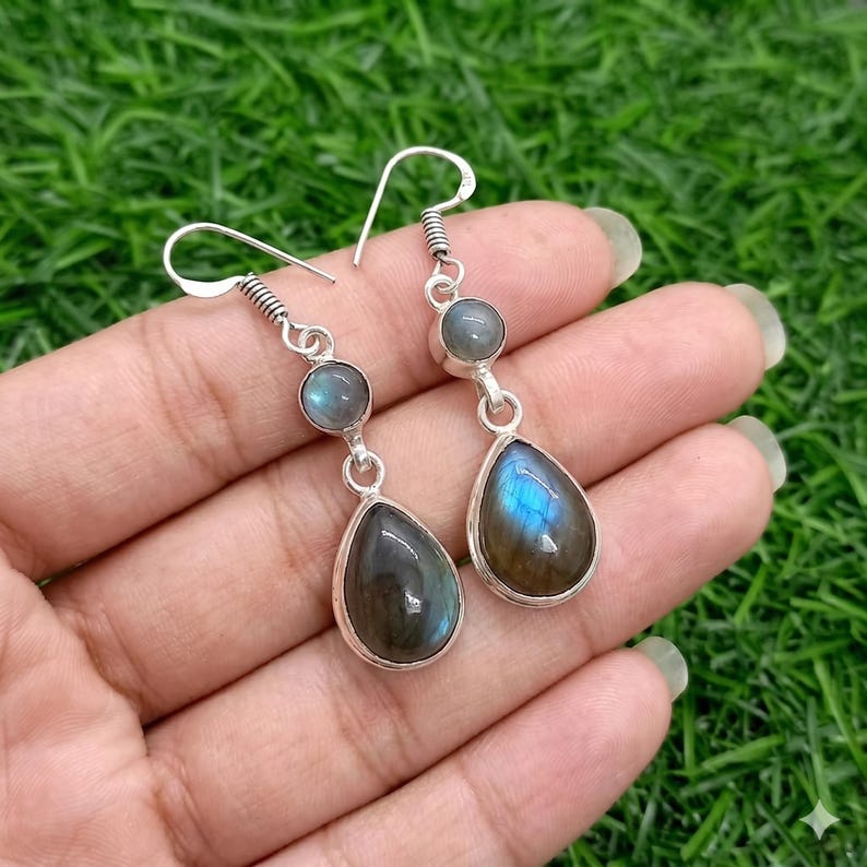 Handmade 925 Sterling Silver Labradorite Drop Earrings – Blue Flash Gemstone Dangle Jewelry