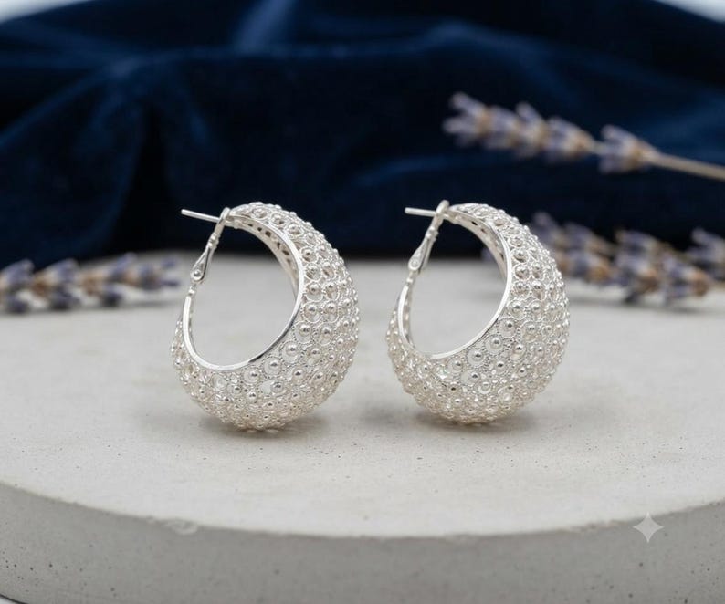 Handmade 925 Sterling Silver Filigree Hoop Earrings – Wide Vintage Boho Statement Jewelry