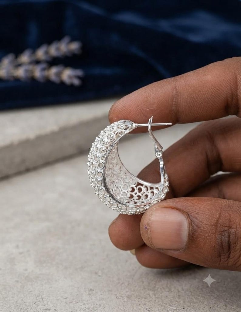 Handmade 925 Sterling Silver Filigree Hoop Earrings – Wide Vintage Boho Statement Jewelry