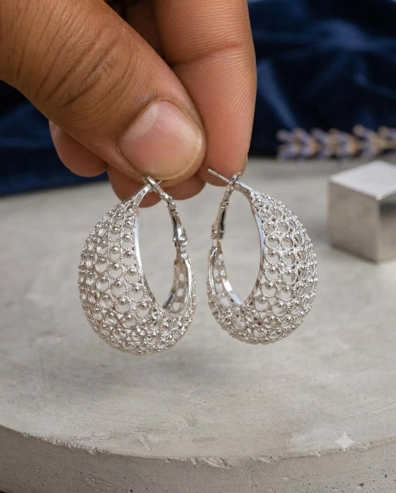 Handmade 925 Sterling Silver Filigree Hoop Earrings – Wide Vintage Boho Statement Jewelry