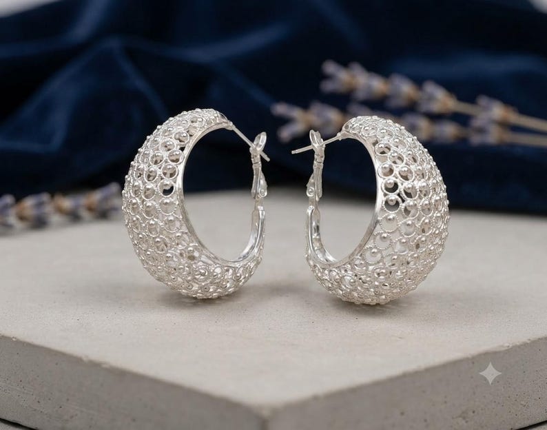 Handmade 925 Sterling Silver Filigree Hoop Earrings – Wide Vintage Boho Statement Jewelry