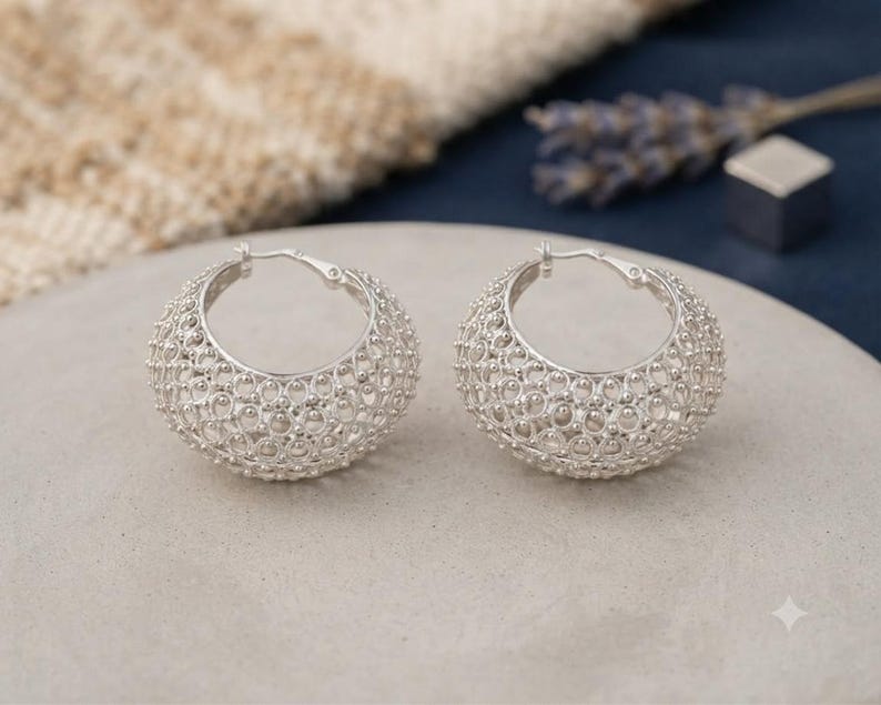 Handmade 925 Sterling Silver Filigree Hoop Earrings – Wide Vintage Boho Statement Jewelry