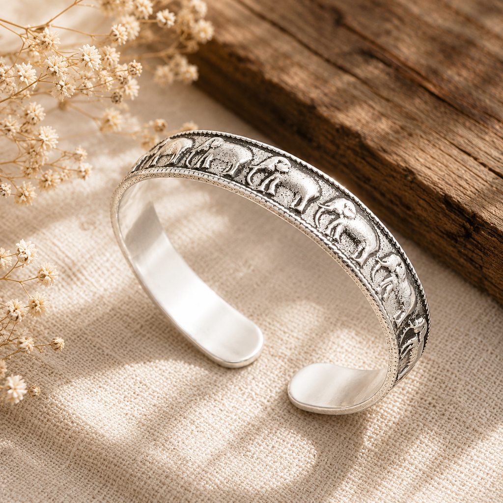 Handmade 925 Sterling Silver Elephant Cuff Bracelet – Boho Tribal Adjustable Statement Bangle