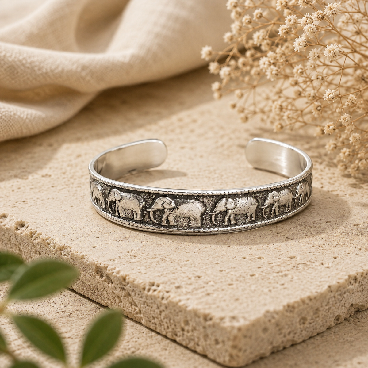 Handmade 925 Sterling Silver Elephant Cuff Bracelet – Boho Tribal Adjustable Statement Bangle