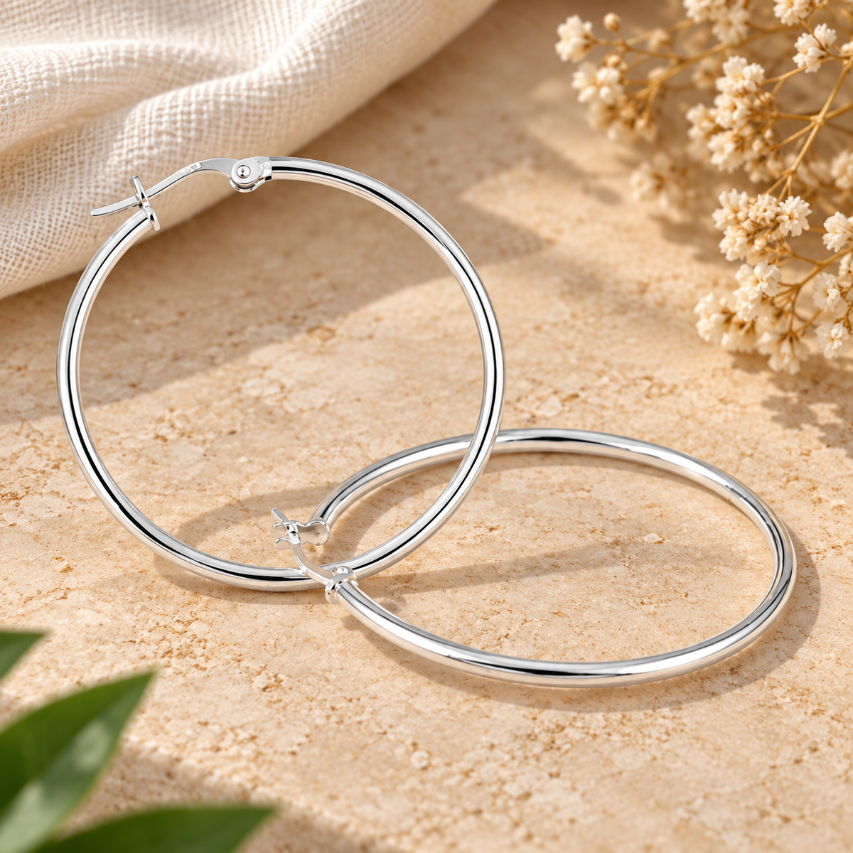 Handmade 925 Sterling Silver Large Hoop Earrings – Classic Round Minimalist Lightweight Jewelry