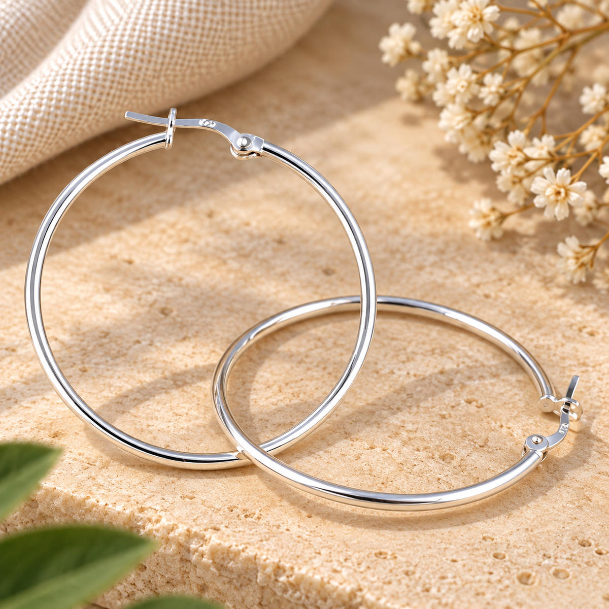 Handmade 925 Sterling Silver Large Hoop Earrings – Classic Round Minimalist Lightweight Jewelry