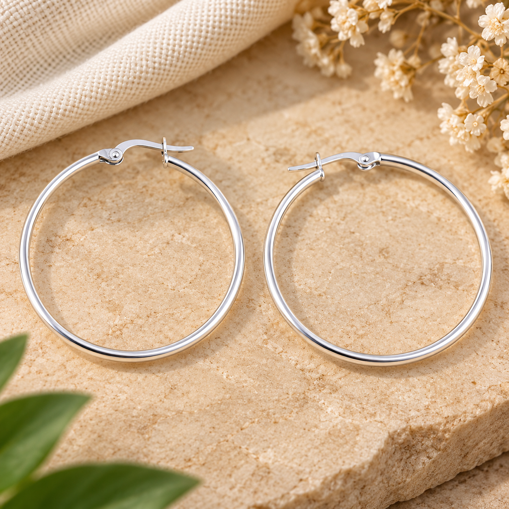 Handmade 925 Sterling Silver Large Hoop Earrings – Classic Round Minimalist Lightweight Jewelry