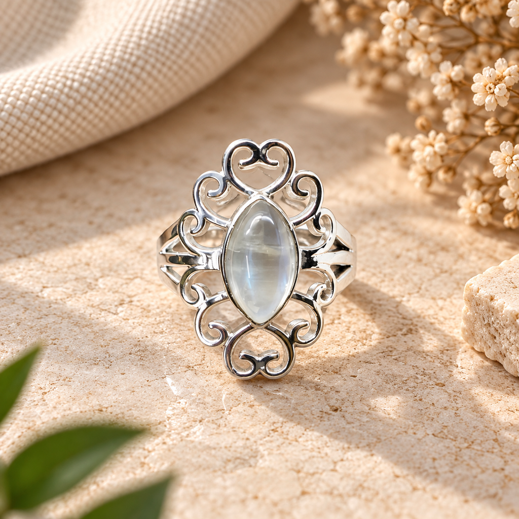 Handmade 925 Sterling Silver Oval Moonstone Filigree Ring – Cabochon Statement Boho Jewelry