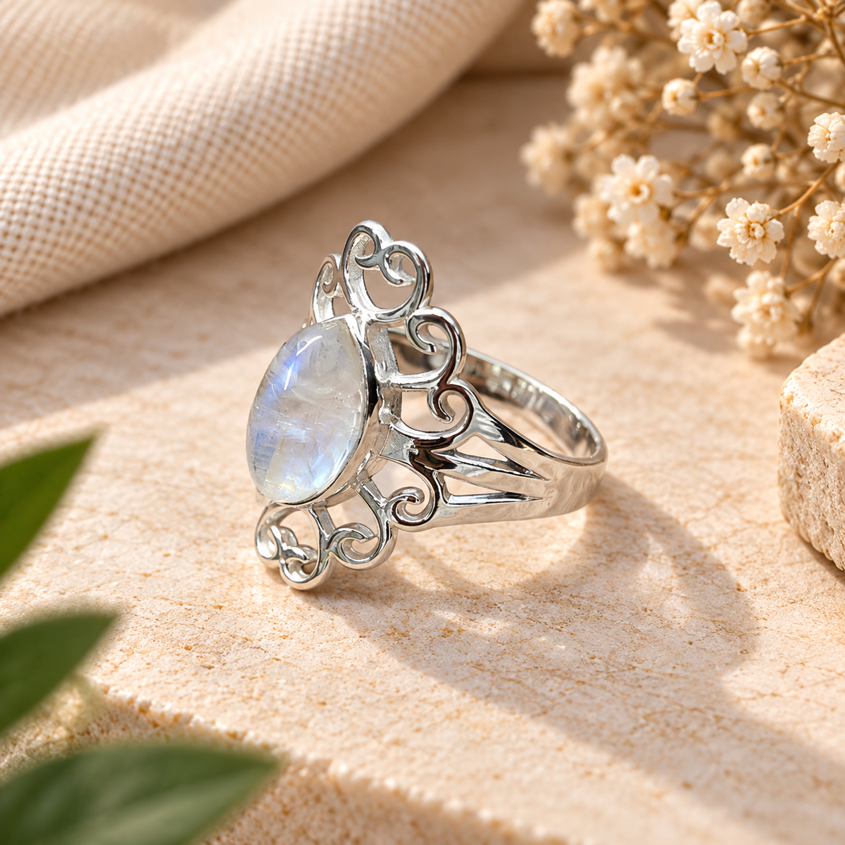 Handmade 925 Sterling Silver Oval Moonstone Filigree Ring – Cabochon Statement Boho Jewelry