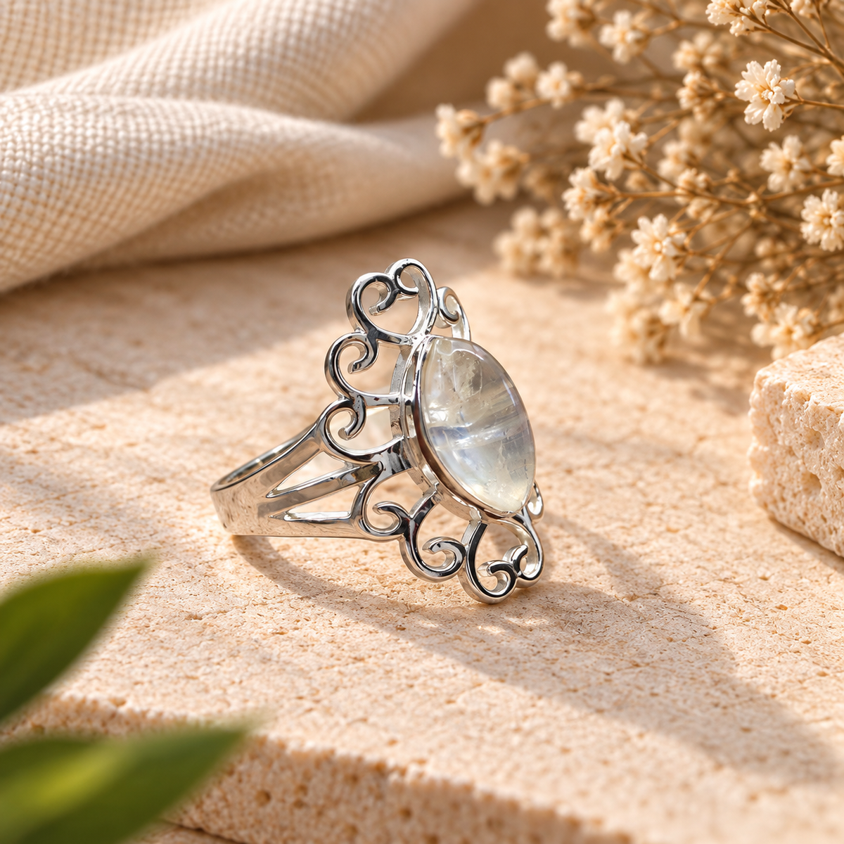 Handmade 925 Sterling Silver Oval Moonstone Filigree Ring – Cabochon Statement Boho Jewelry