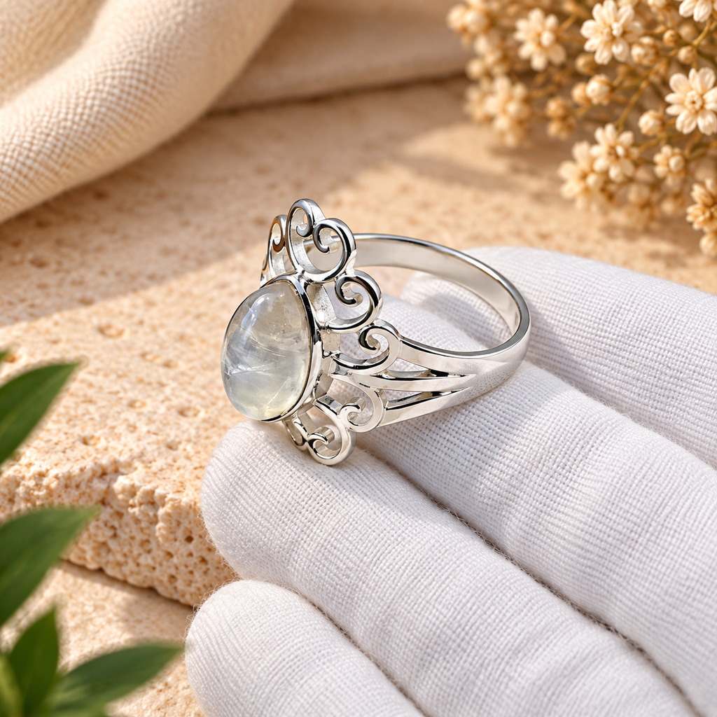 Handmade 925 Sterling Silver Oval Moonstone Filigree Ring – Cabochon Statement Boho Jewelry