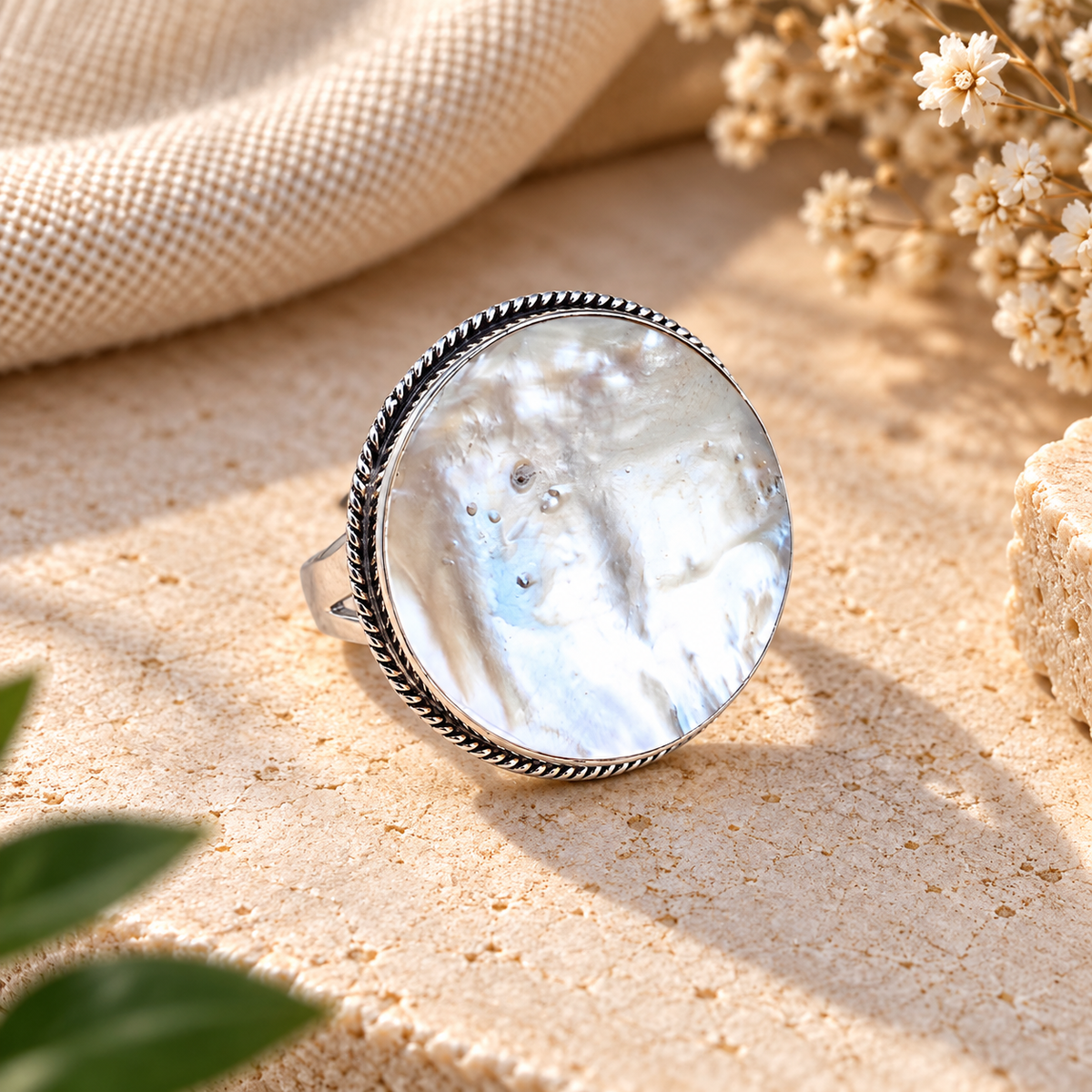Handmade 925 Sterling Silver Mother of Pearl Oval Ring – Iridescent Statement Filigree Jewelry