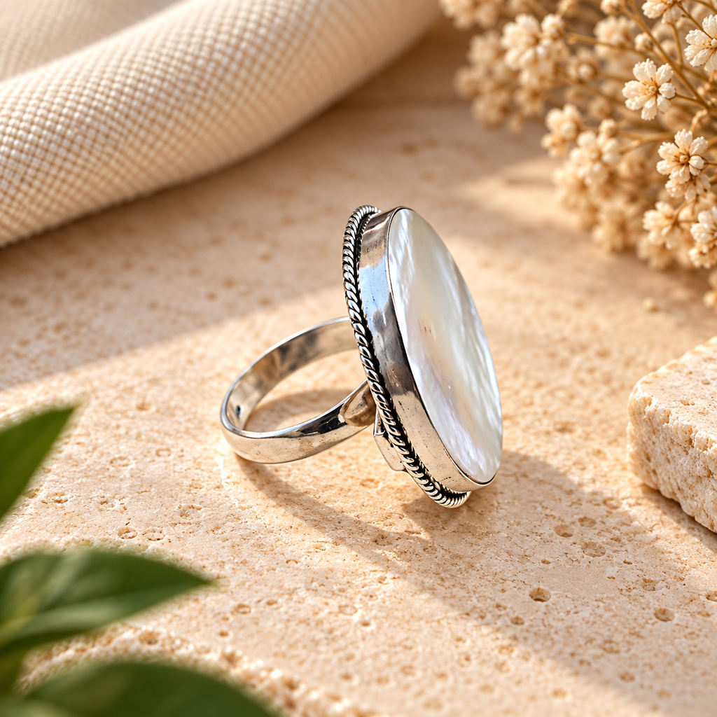 Handmade 925 Sterling Silver Mother of Pearl Oval Ring – Iridescent Statement Filigree Jewelry