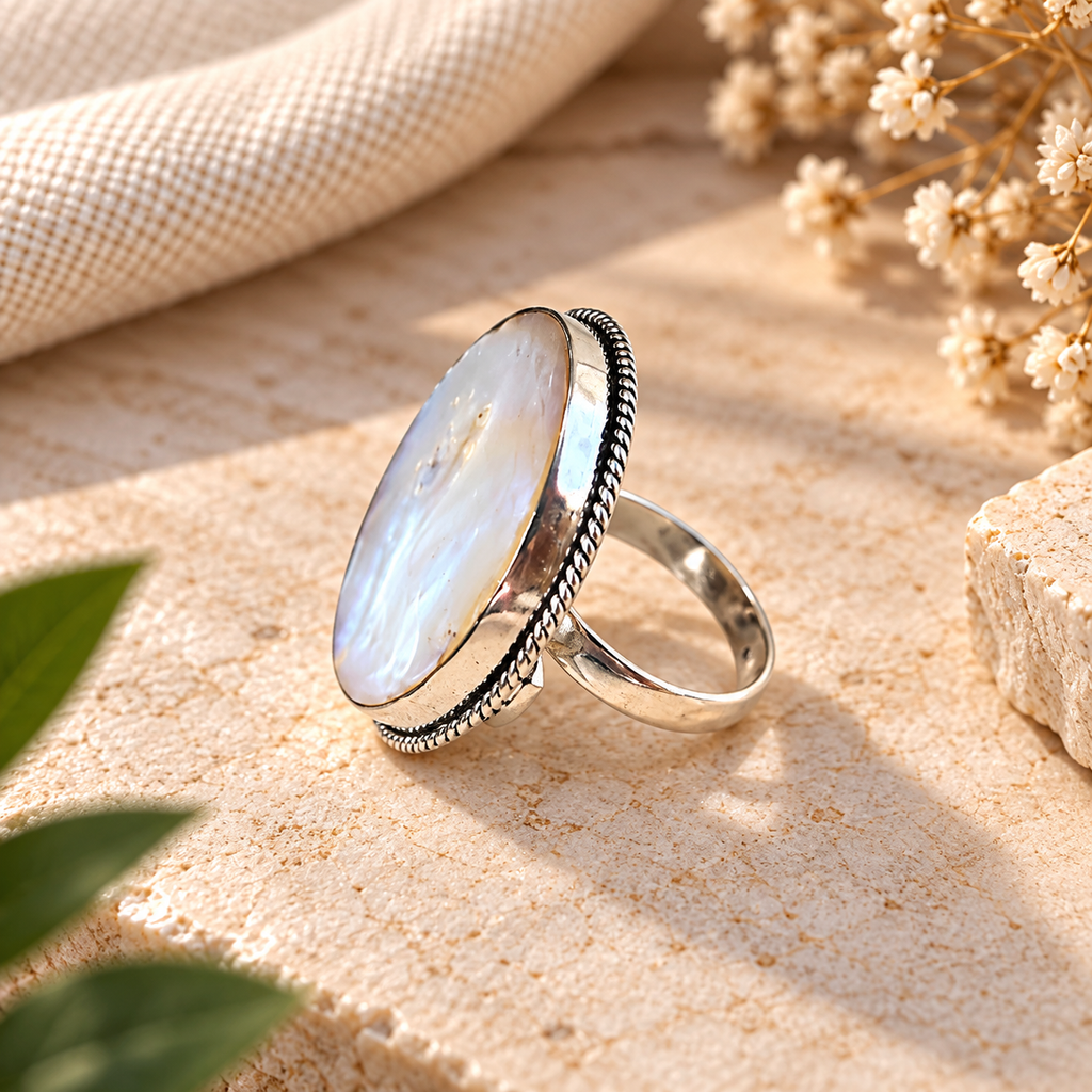Handmade 925 Sterling Silver Mother of Pearl Oval Ring – Iridescent Statement Filigree Jewelry