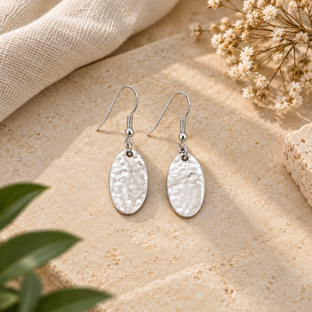 Handmade 925 Sterling Silver Hammered Oval Dangle Earrings – Minimalist Everyday Jewelry