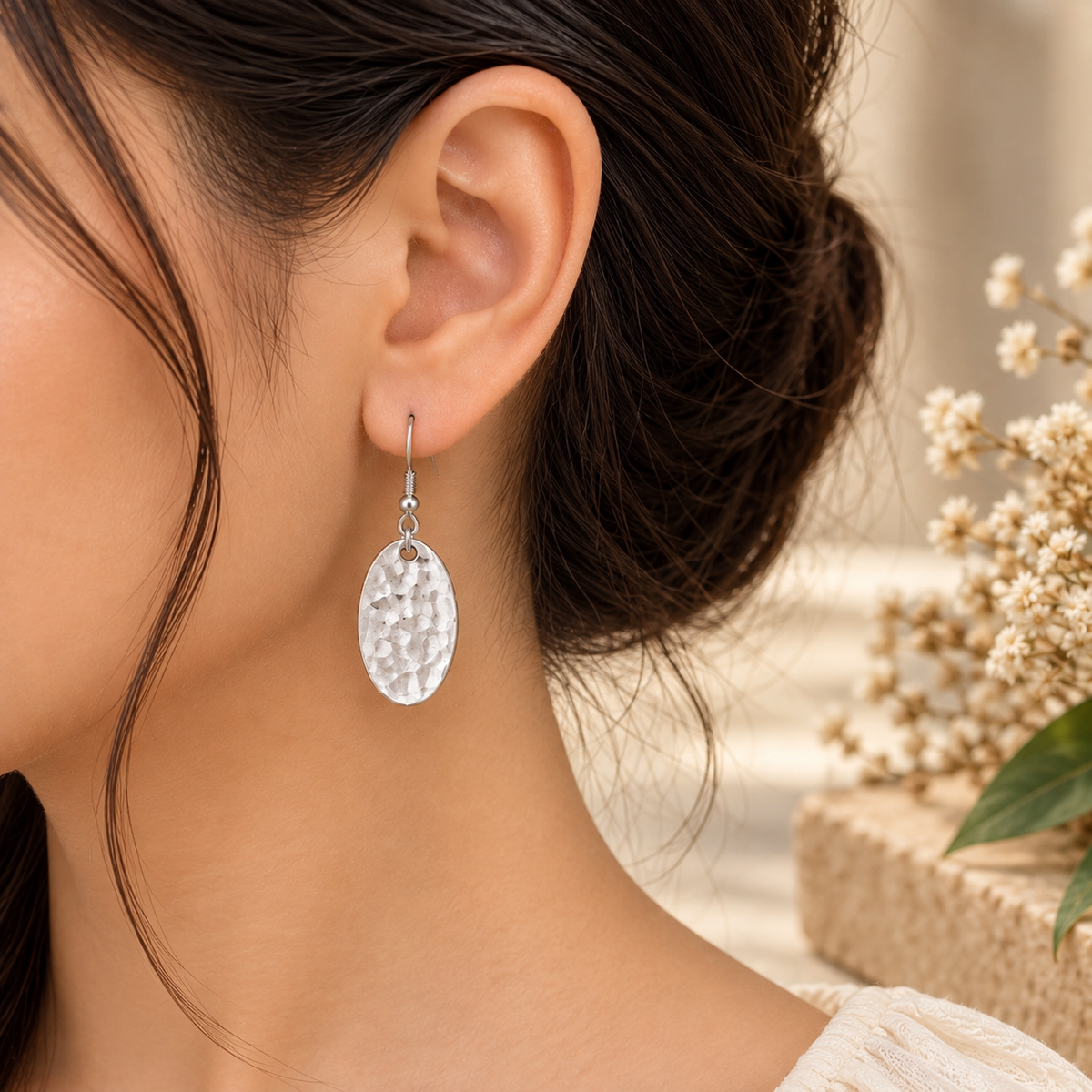 Handmade 925 Sterling Silver Hammered Oval Dangle Earrings – Minimalist Everyday Jewelry