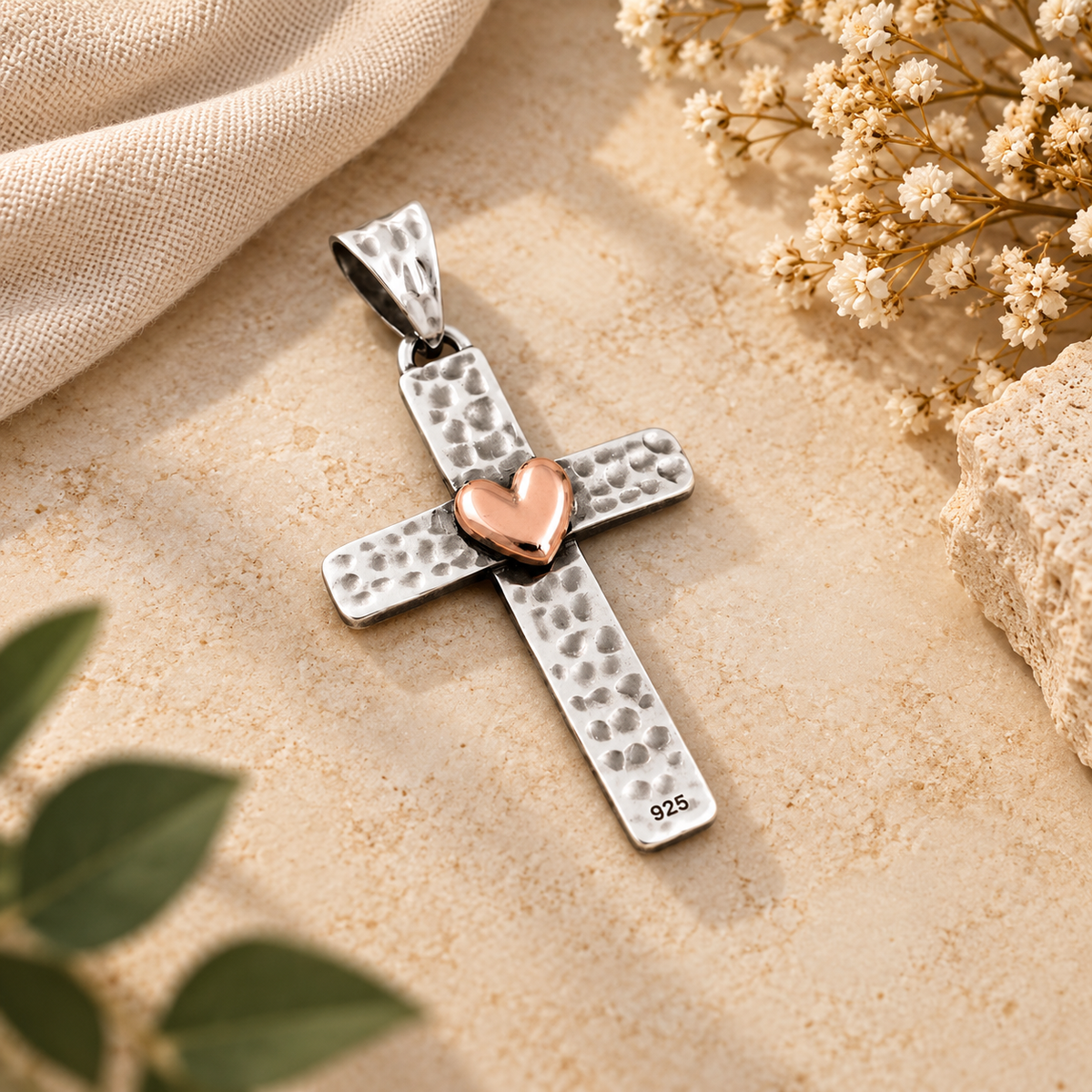 Handmade 925 Sterling Silver Hammered Cross Heart Pendant – Christian Faith Jesus Cross Necklace