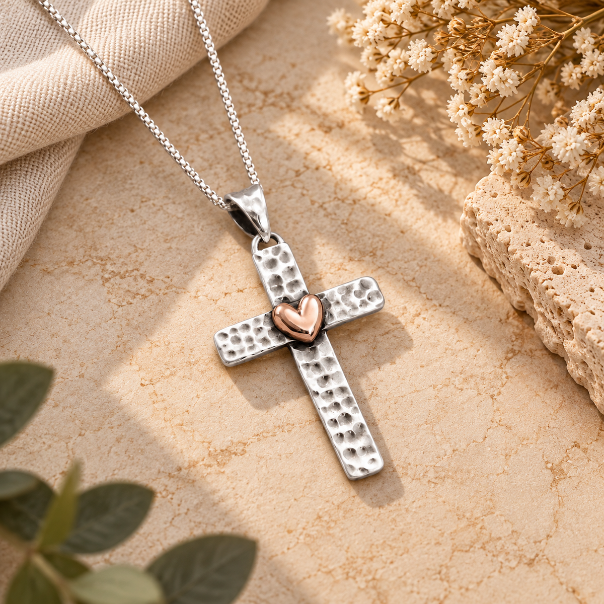 Handmade 925 Sterling Silver Hammered Cross Heart Pendant – Christian Faith Jesus Cross Necklace
