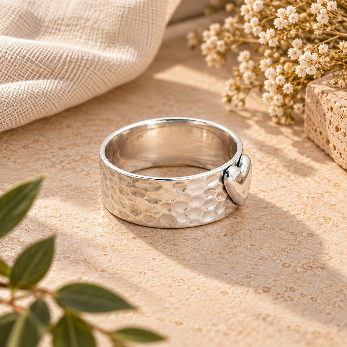 Handmade 925 Sterling Silver Hammered Heart Ring – Wide Band Romantic Statement Jewelry