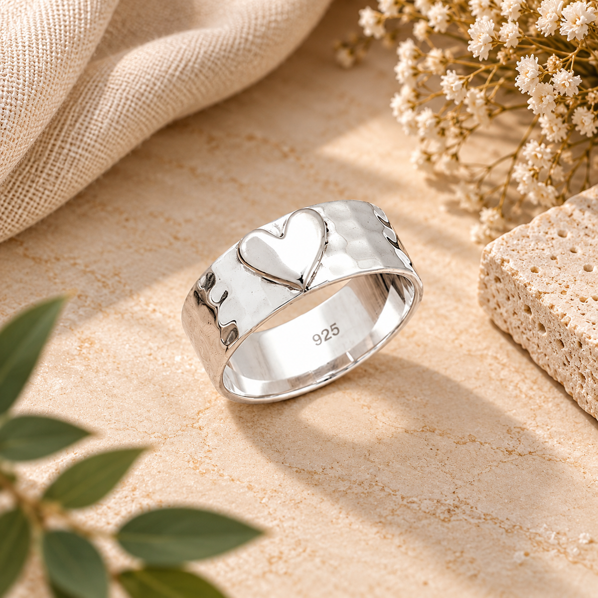 Handmade 925 Sterling Silver Hammered Heart Ring – Wide Band Romantic Statement Jewelry
