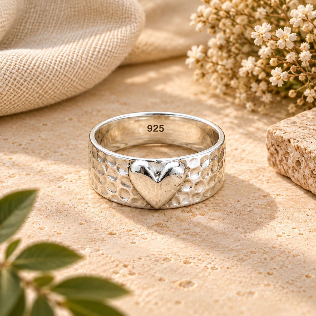Handmade 925 Sterling Silver Hammered Heart Ring – Wide Band Romantic Statement Jewelry