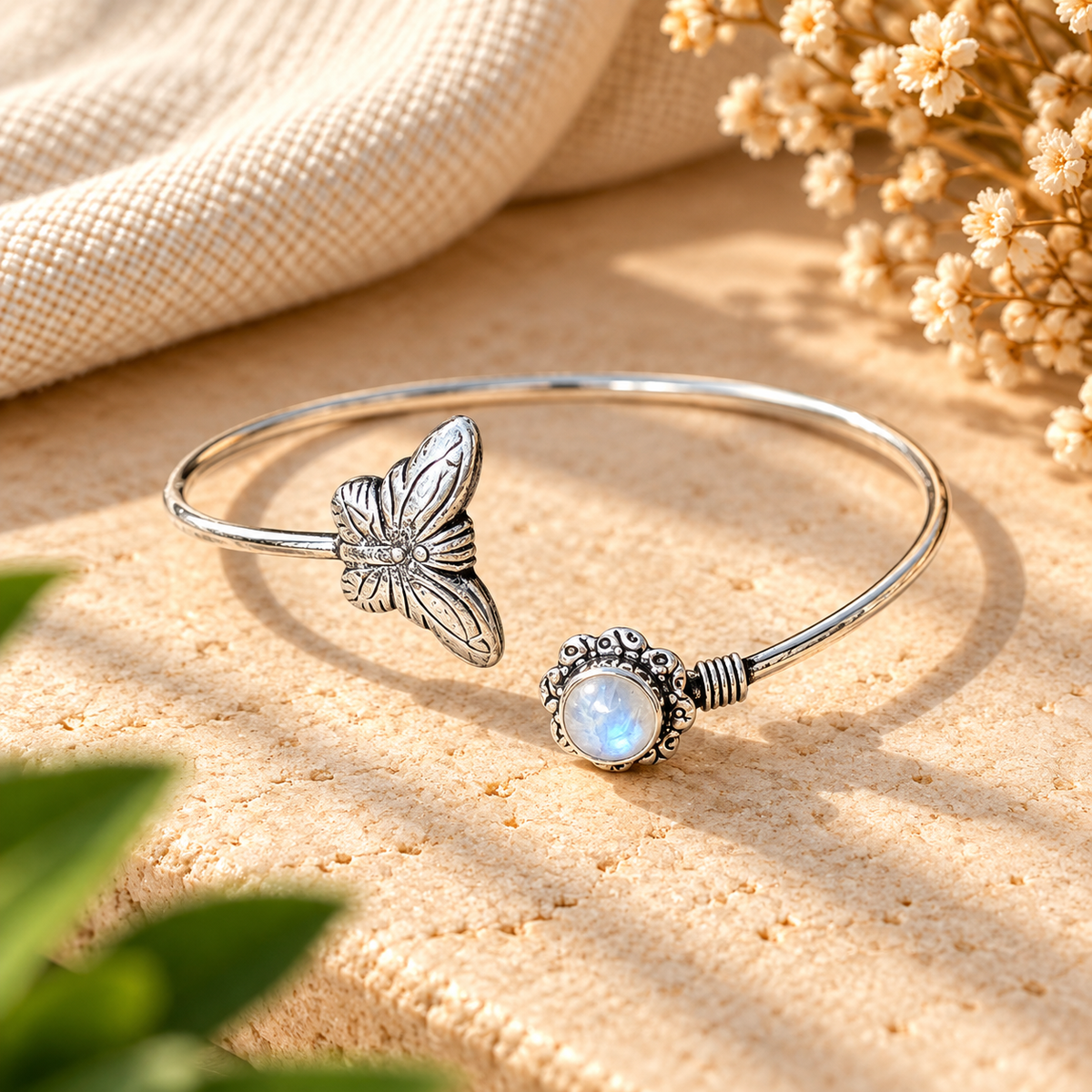 Handmade 925 Sterling Silver Butterfly Moonstone Cuff Bracelet – Adjustable Boho Nature Statement Bangle