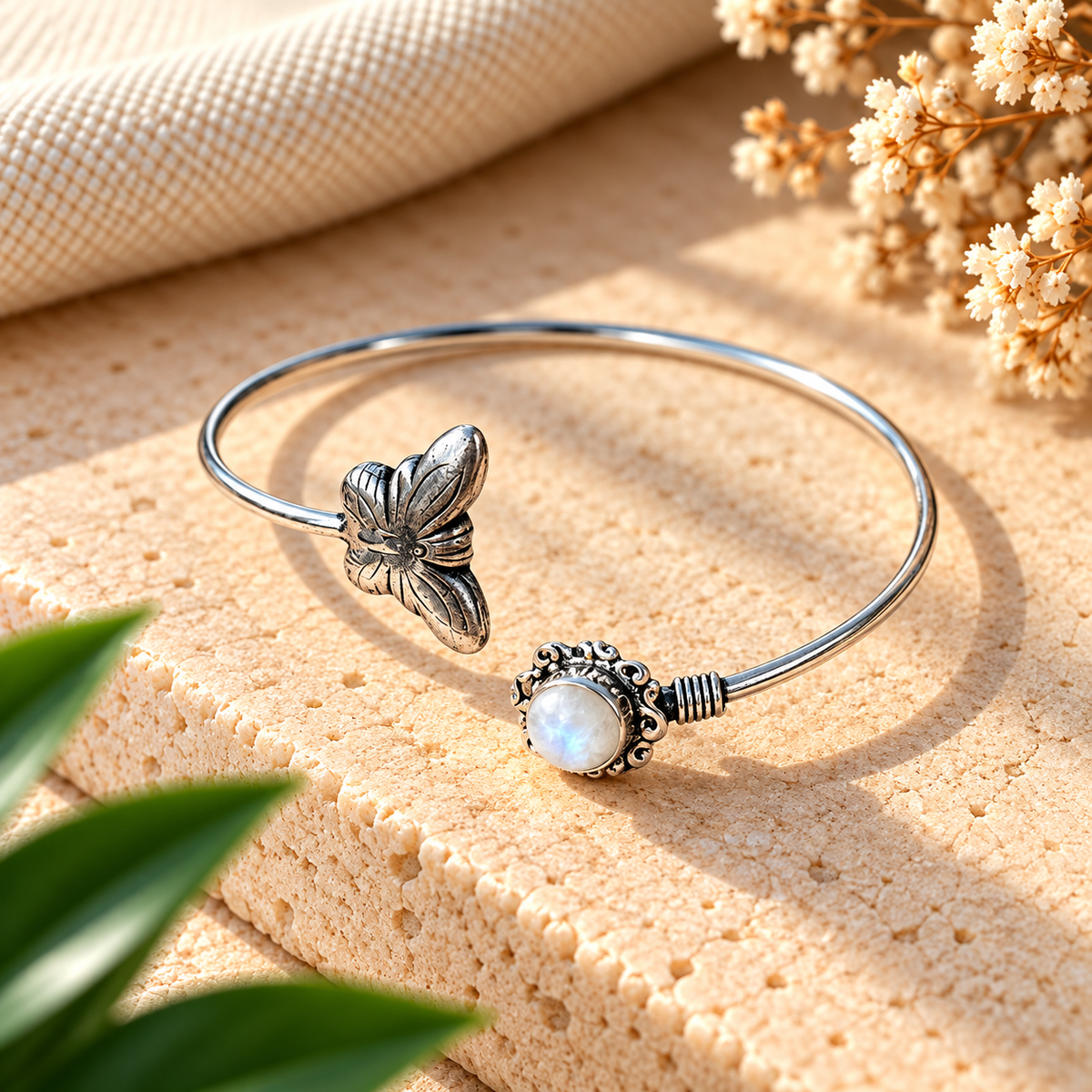 Handmade 925 Sterling Silver Butterfly Moonstone Cuff Bracelet – Adjustable Boho Nature Statement Bangle