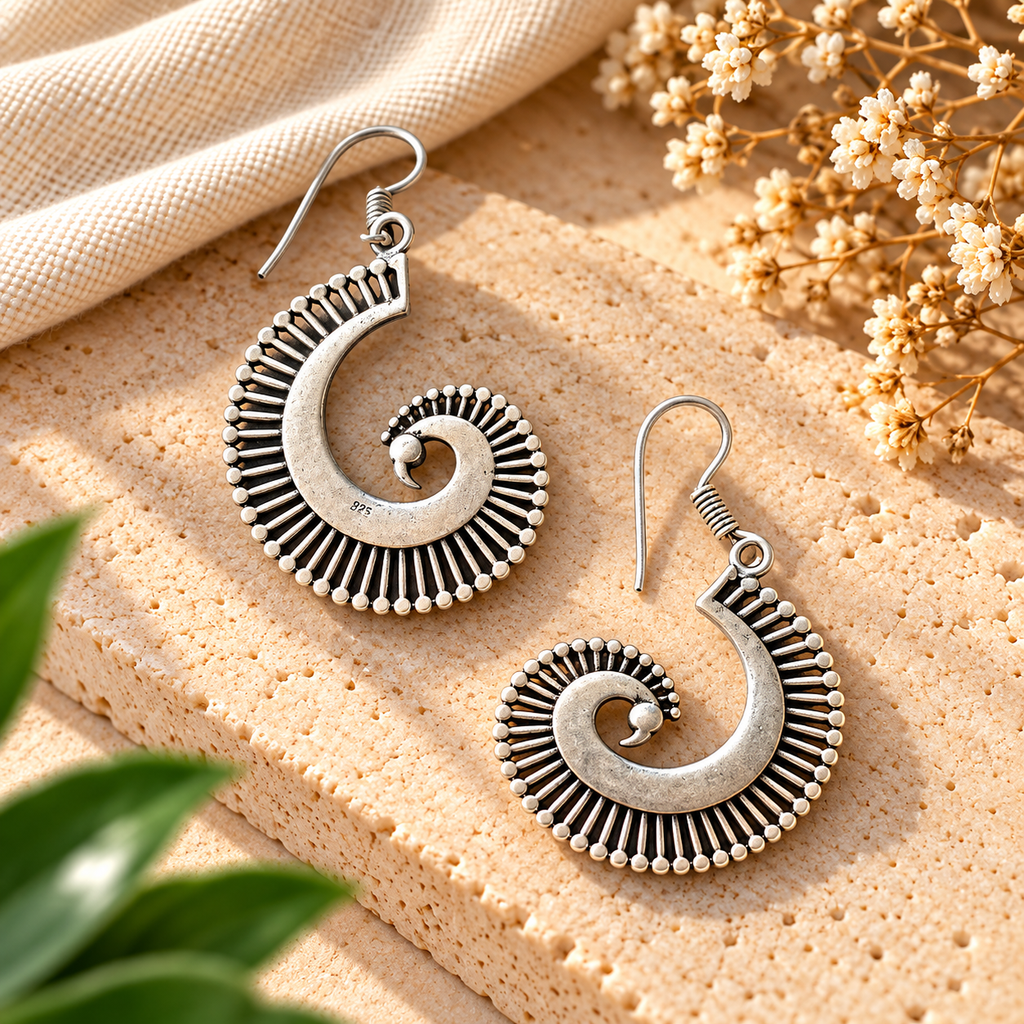 Handmade 925 Sterling Silver Oxidized Spiral Sunburst Earrings – Antique Boho Tribal Dangle Jewelry