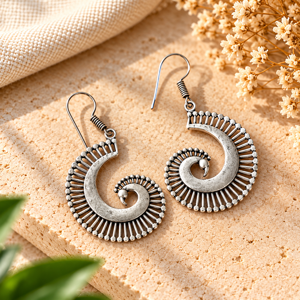 Handmade 925 Sterling Silver Oxidized Spiral Sunburst Earrings – Antique Boho Tribal Dangle Jewelry