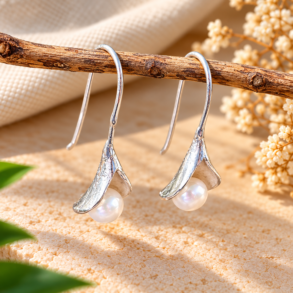 Handmade 925 Sterling Silver Calla Lily Pearl Drop Earrings – Elegant Floral Dangle Jewelry