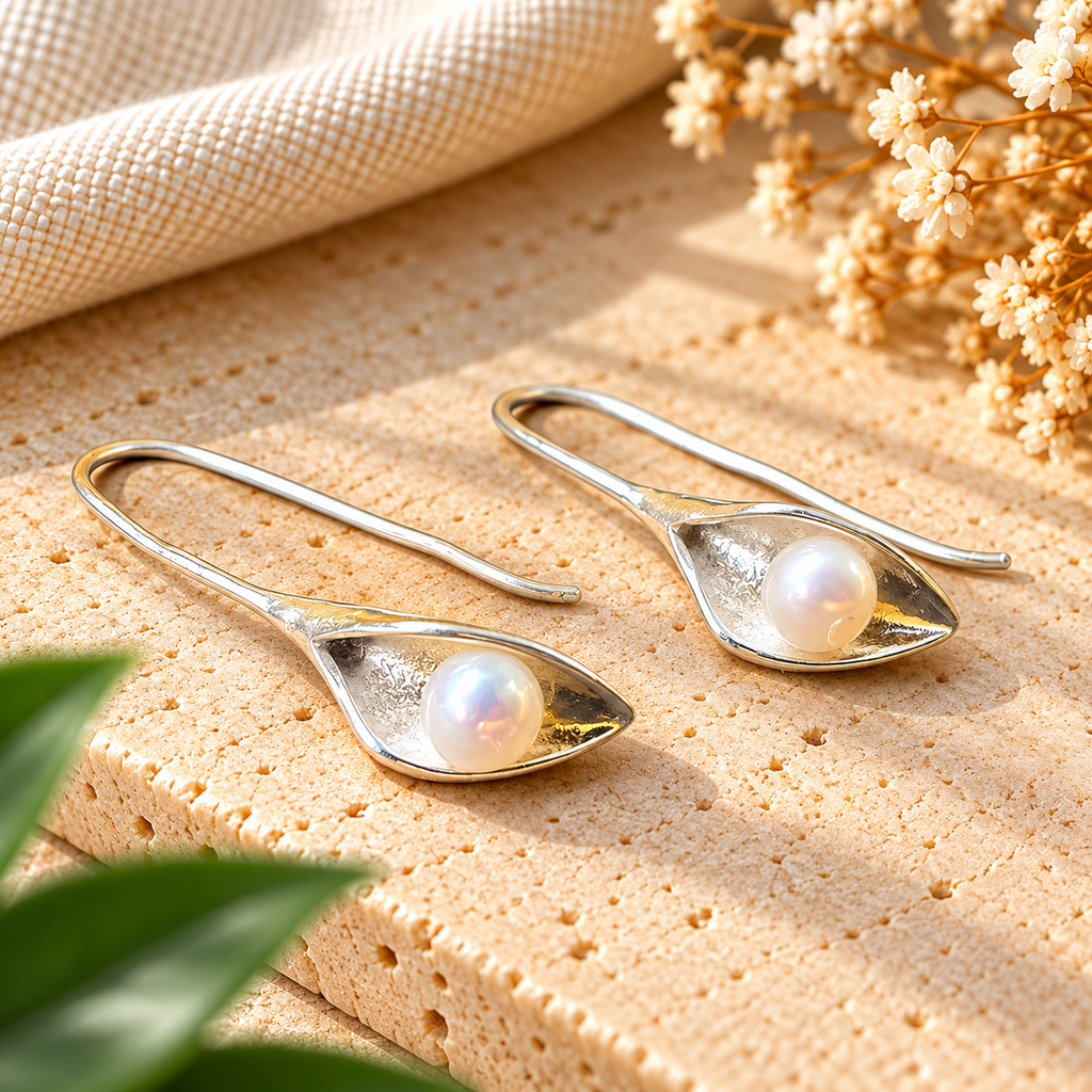 Handmade 925 Sterling Silver Calla Lily Pearl Drop Earrings – Elegant Floral Dangle Jewelry