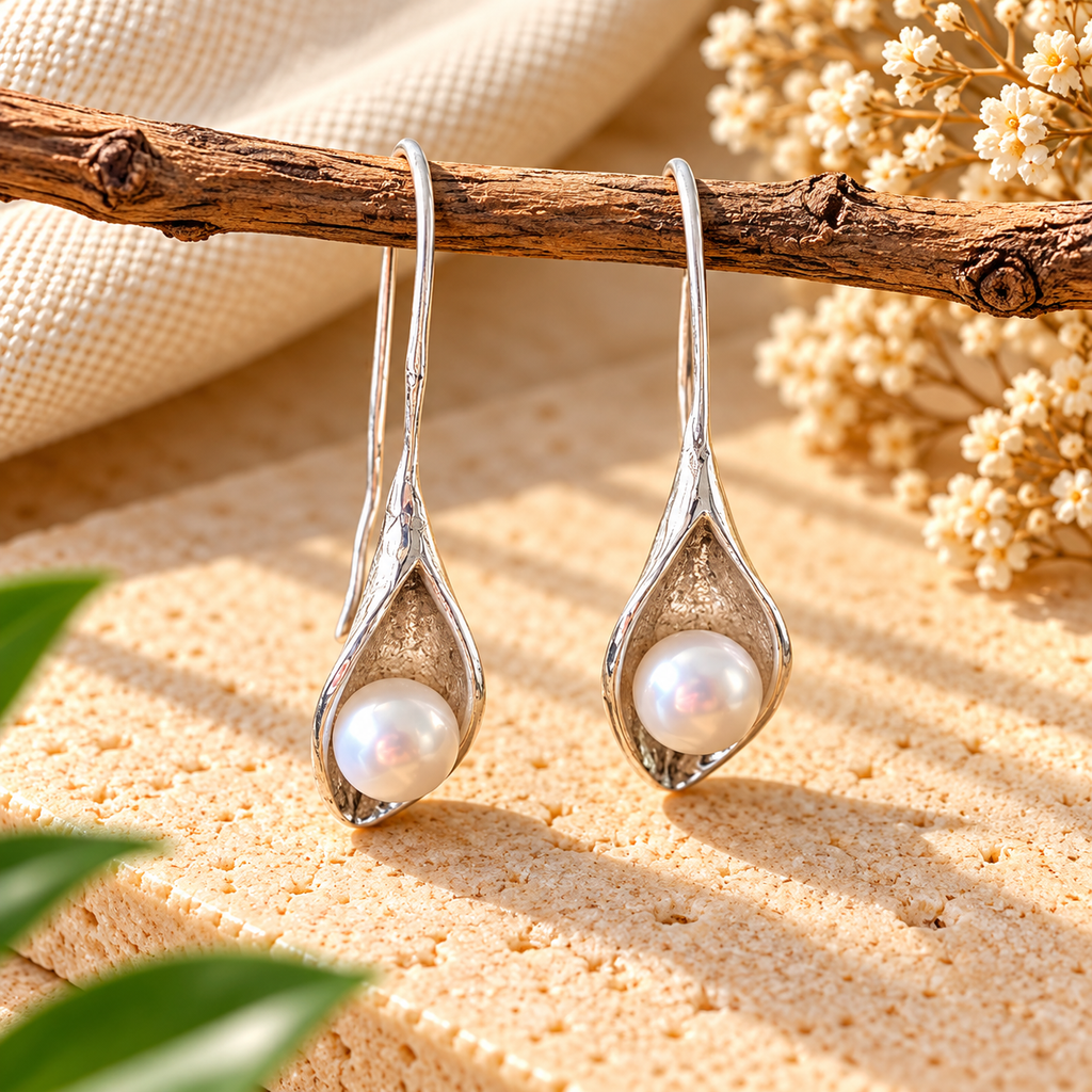 Handmade 925 Sterling Silver Calla Lily Pearl Drop Earrings – Elegant Floral Dangle Jewelry