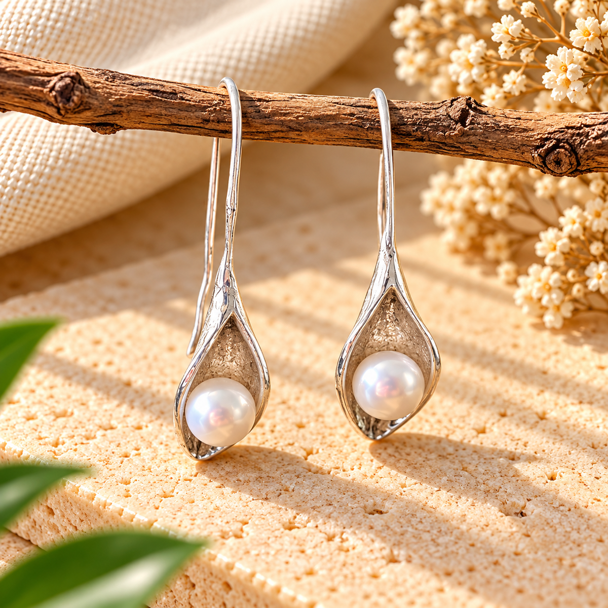 Handmade 925 Sterling Silver Calla Lily Pearl Drop Earrings – Elegant Floral Dangle Jewelry