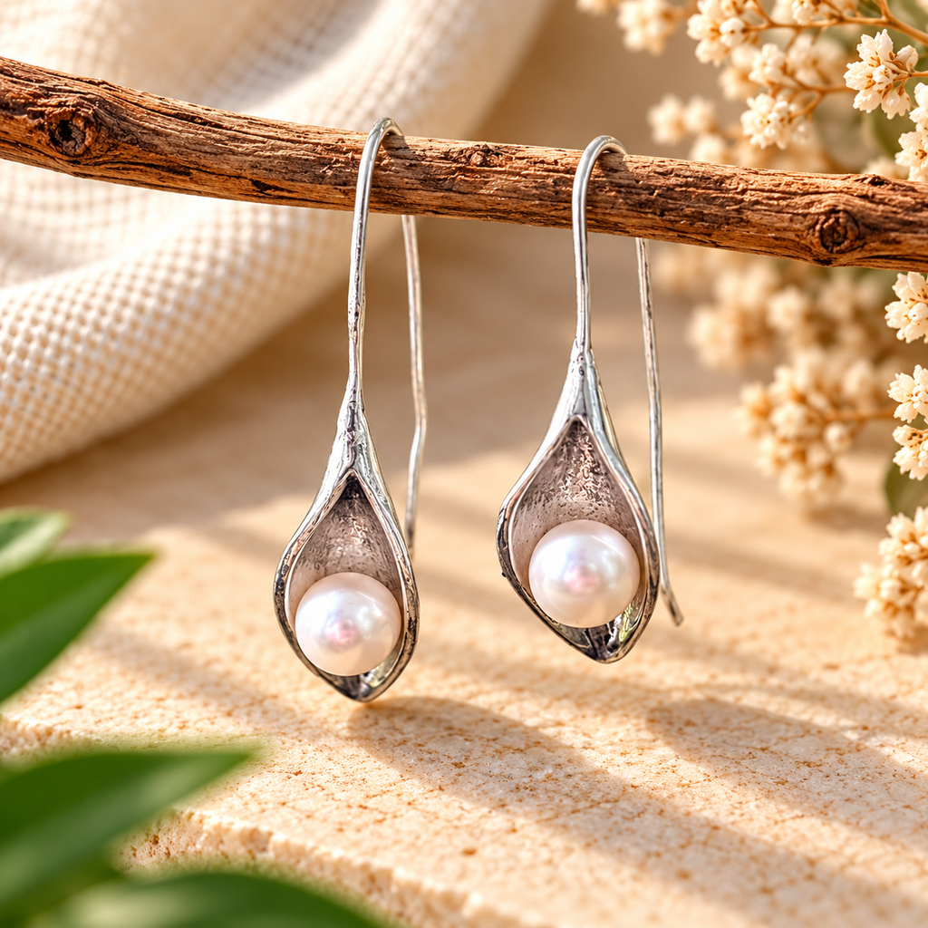 Handmade 925 Sterling Silver Calla Lily Pearl Drop Earrings – Elegant Floral Dangle Jewelry