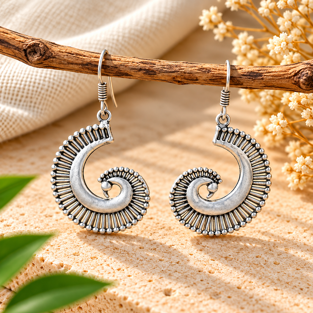 Handmade 925 Sterling Silver Oxidized Spiral Sunburst Earrings – Antique Boho Tribal Dangle Jewelry
