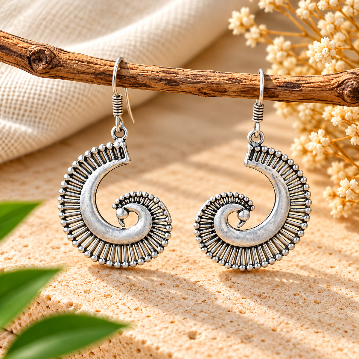 Handmade 925 Sterling Silver Oxidized Spiral Sunburst Earrings – Antique Boho Tribal Dangle Jewelry