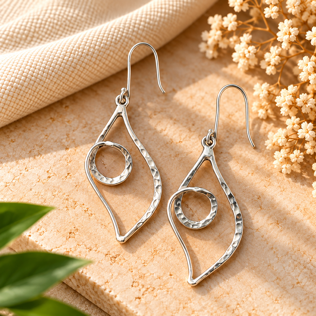 Handmade 925 Sterling Silver Hammered Geometric Spiral Dangle Earrings – Abstract Boho Statement Jewelry