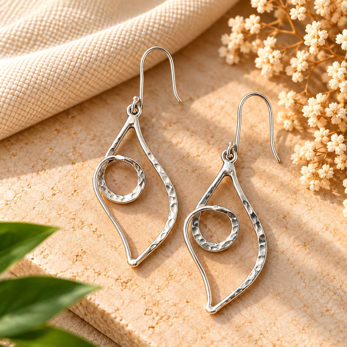 Handmade 925 Sterling Silver Hammered Geometric Spiral Dangle Earrings – Abstract Boho Statement Jewelry