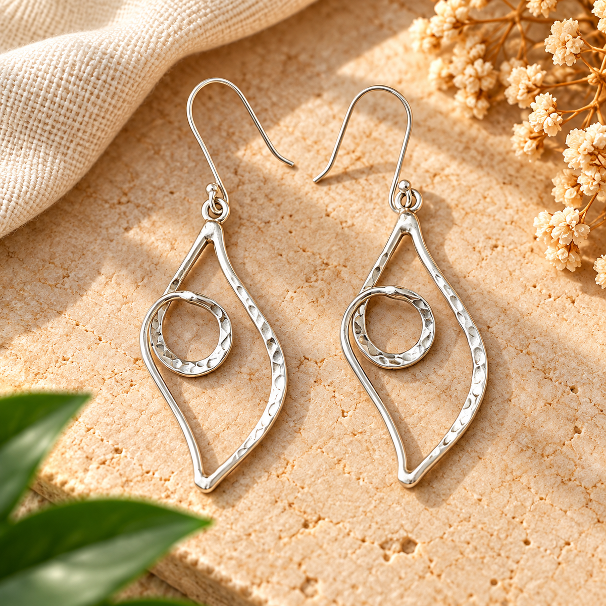 Handmade 925 Sterling Silver Hammered Geometric Spiral Dangle Earrings – Abstract Boho Statement Jewelry