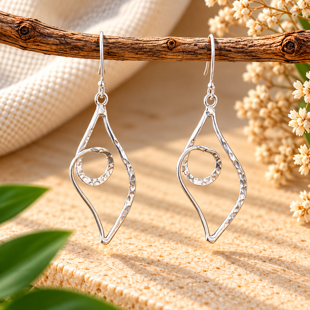 Handmade 925 Sterling Silver Hammered Geometric Spiral Dangle Earrings – Abstract Boho Statement Jewelry