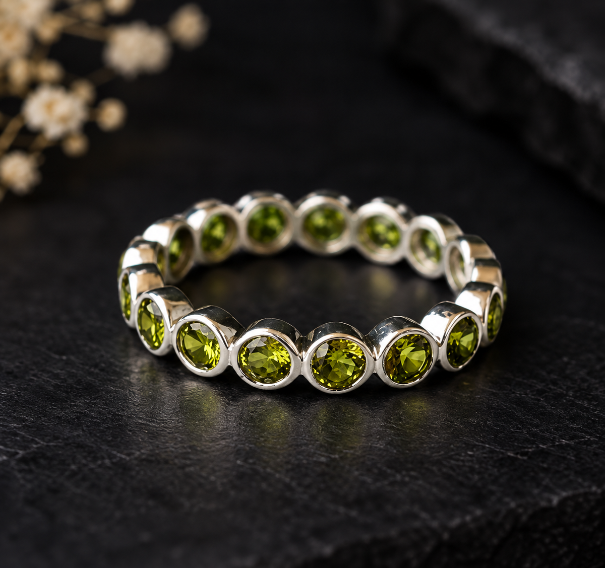 Handmade 925 Sterling Silver Peridot Eternity Ring – Stackable August Birthstone Wedding Band