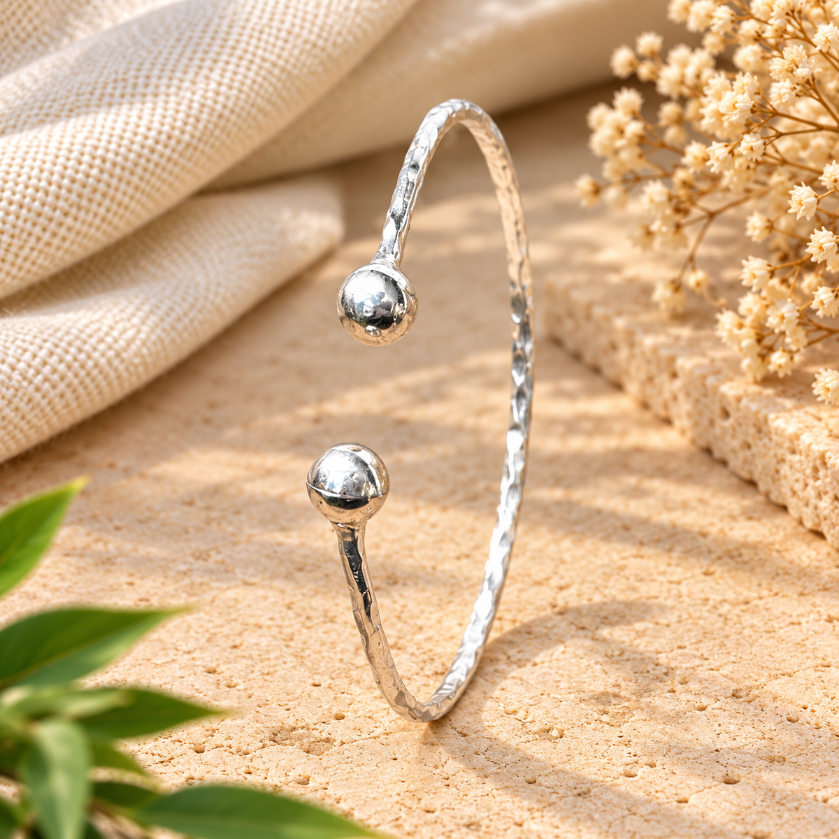 Handmade 925 Sterling Silver Open Cuff Bracelet – Hammered Ball End Minimalist Statement Bangle