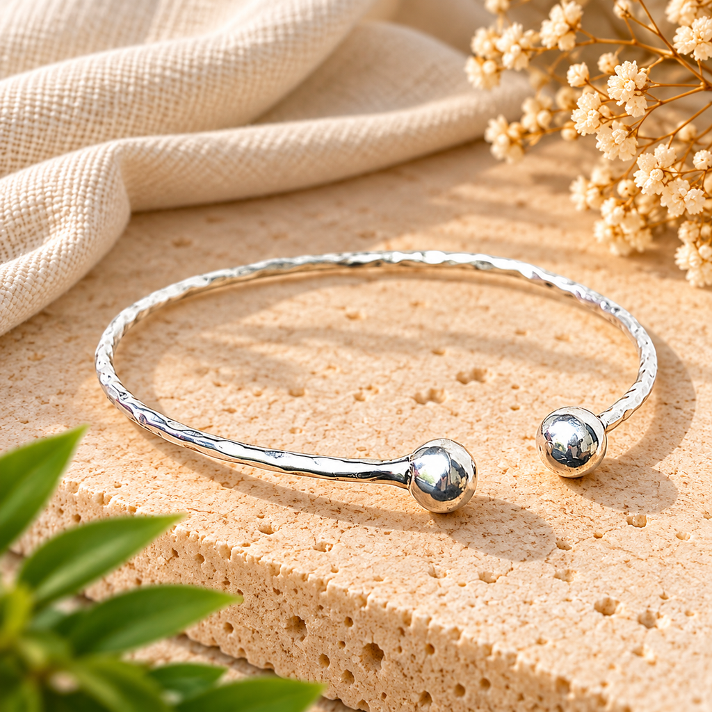 Handmade 925 Sterling Silver Open Cuff Bracelet – Hammered Ball End Minimalist Statement Bangle