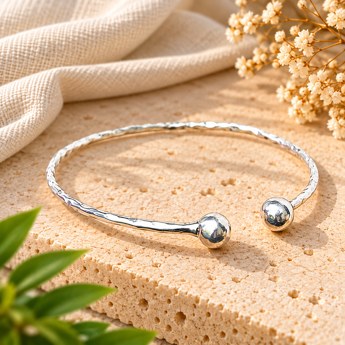 Handmade 925 Sterling Silver Open Cuff Bracelet – Hammered Ball End Minimalist Statement Bangle