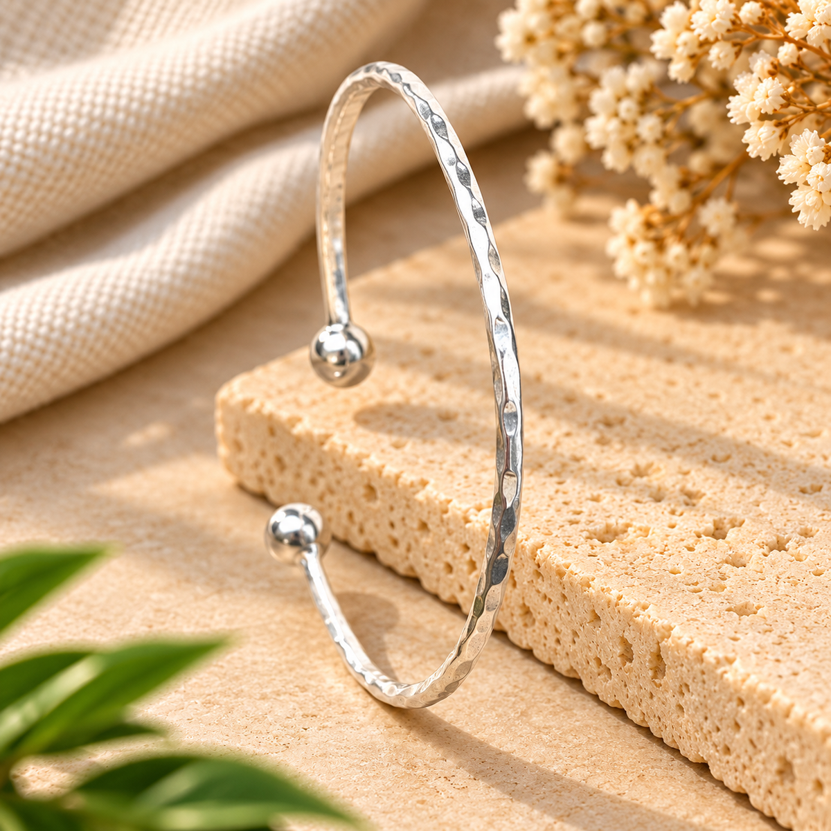 Handmade 925 Sterling Silver Open Cuff Bracelet – Hammered Ball End Minimalist Statement Bangle